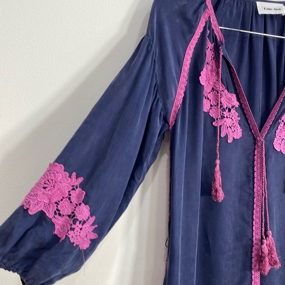 Line + Dot Embroidered Midi Dress Puffed Sleeves Small Blue - Picture 4 of 12